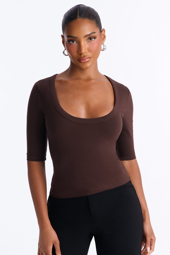 Quinn 3/4 Sleeve Scoop Neck Top - Chocolate