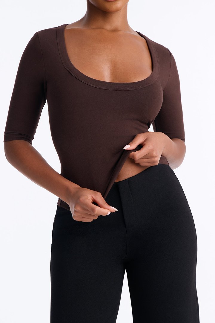 Quinn 3/4 Sleeve Scoop Neck Top - Chocolate