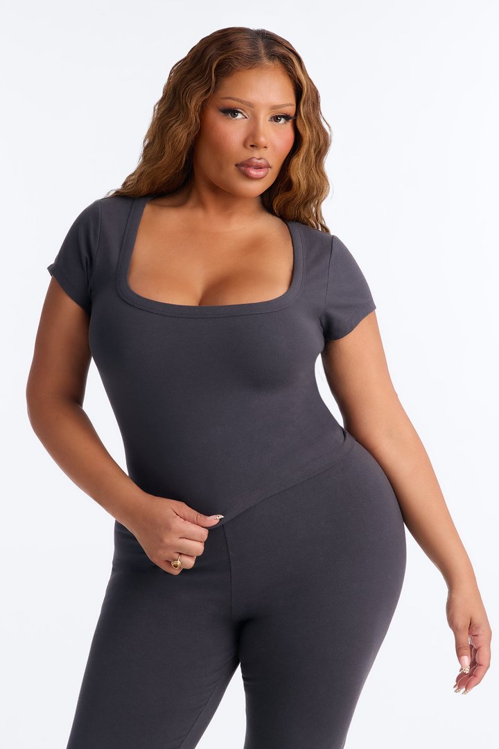 Quinn Low Neck Cap Sleeve Top - Charcoal