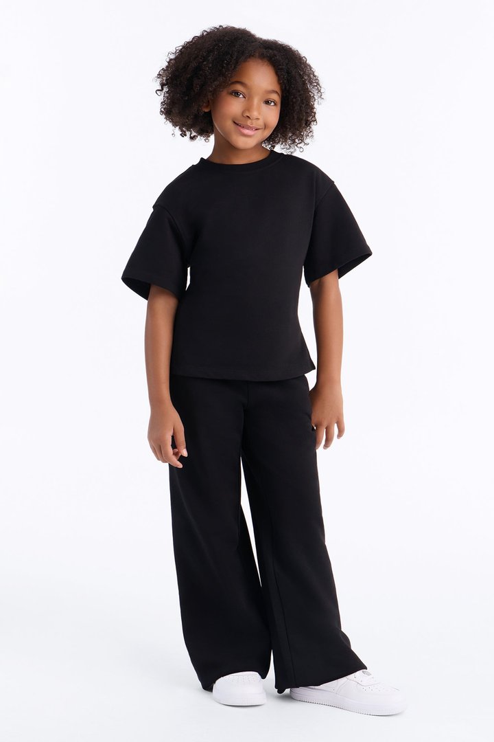 Mini Stephanie Fitted Tee Wide Leg Pant Set - Black