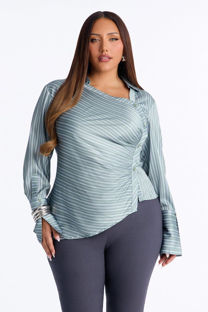 Office Cool Asymmetrical Striped Satin Shirt - Sage/combo