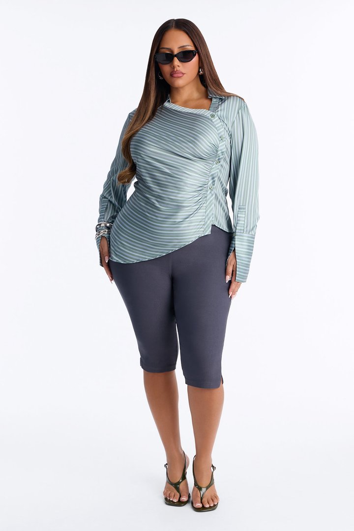 Office Cool Asymmetrical Striped Satin Shirt - Sage/combo