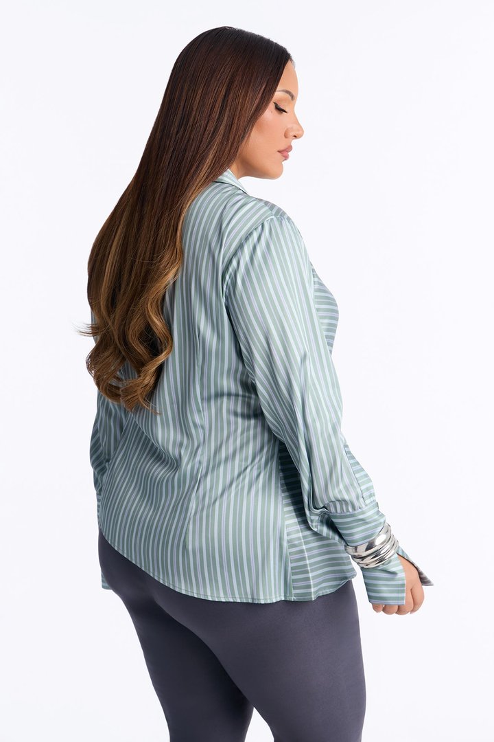 Office Cool Asymmetrical Striped Satin Shirt - Sage/combo