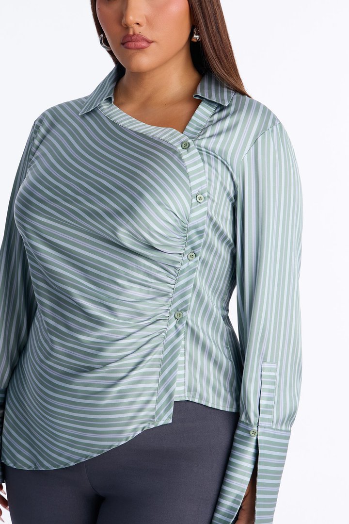 Office Cool Asymmetrical Striped Satin Shirt - Sage/combo