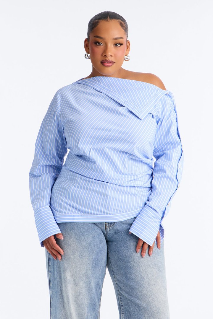 Ella One Shoulder Striped Poplin Top - Blue/combo