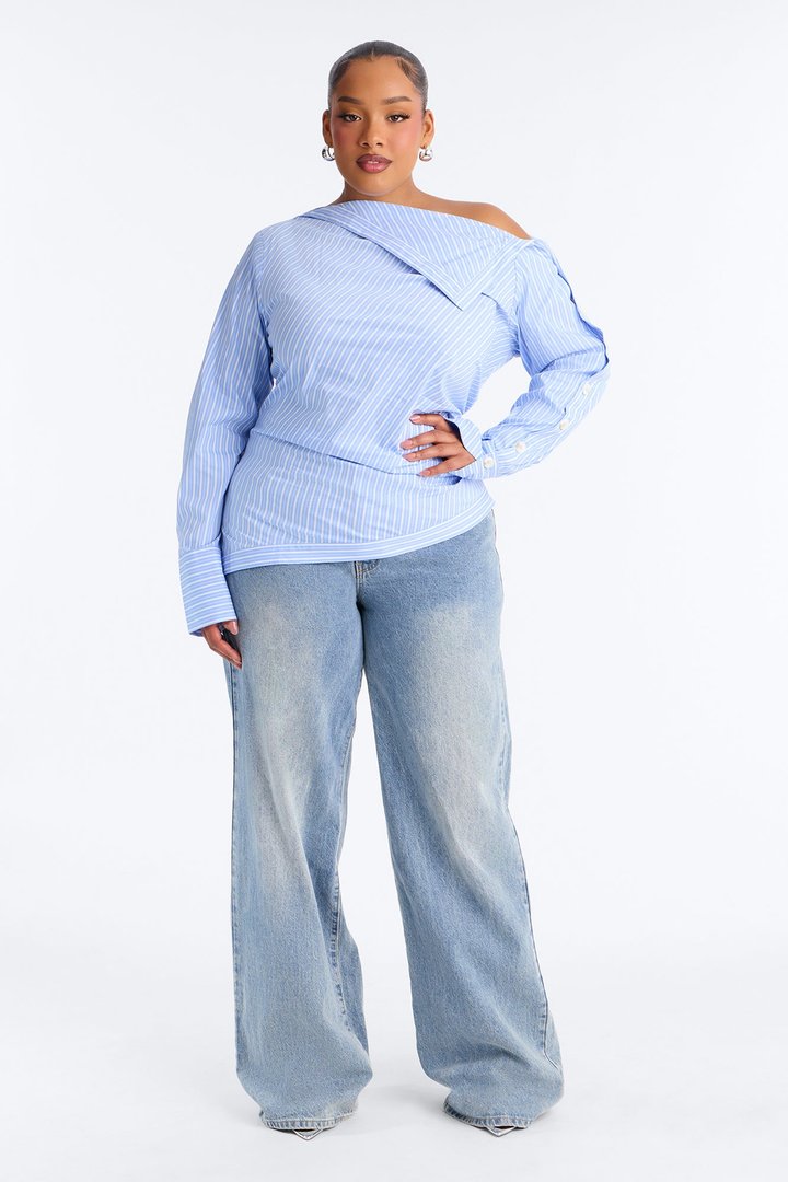Ella One Shoulder Striped Poplin Top - Blue/combo