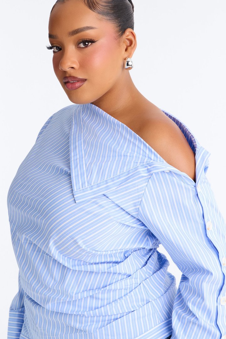 Ella One Shoulder Striped Poplin Top - Blue/combo