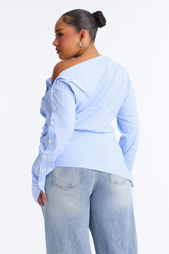 Ella One Shoulder Striped Poplin Top - Blue/combo