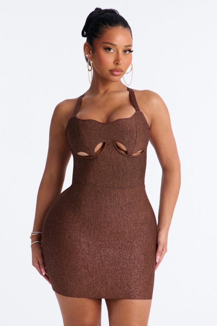 Award Worthy Glitter Bandage Mini Dress - Bronze