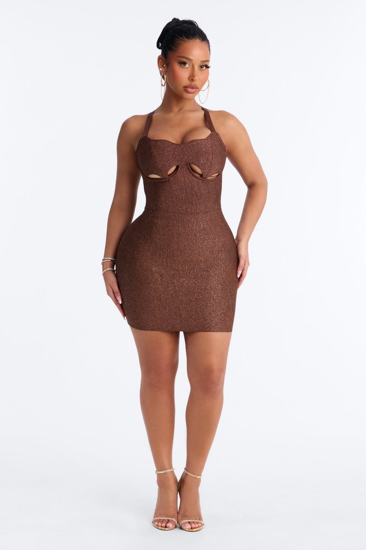 Award Worthy Glitter Bandage Mini Dress - Bronze
