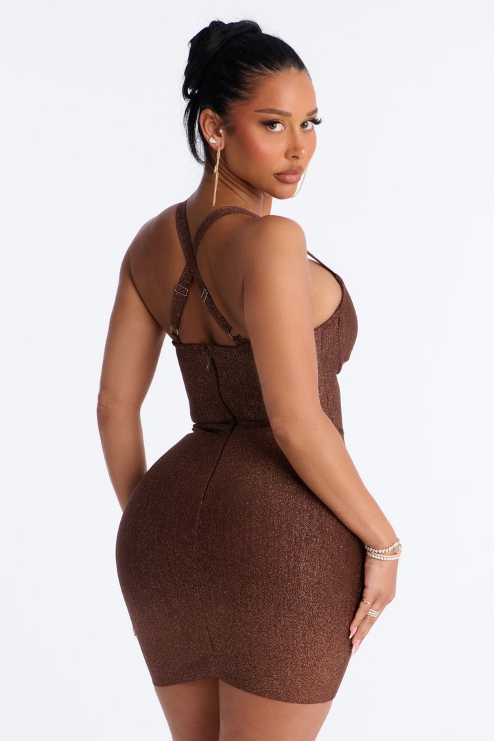 Award Worthy Glitter Bandage Mini Dress - Bronze