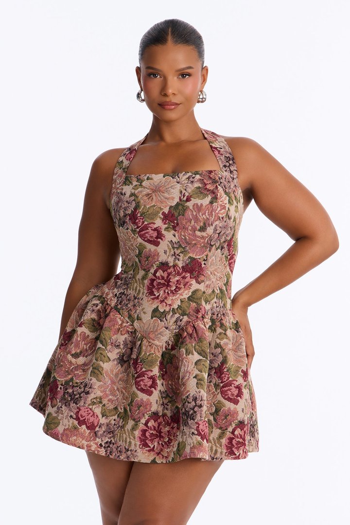 Sunday's Best Halter Jacquard Mini Dress - Burgundy/combo