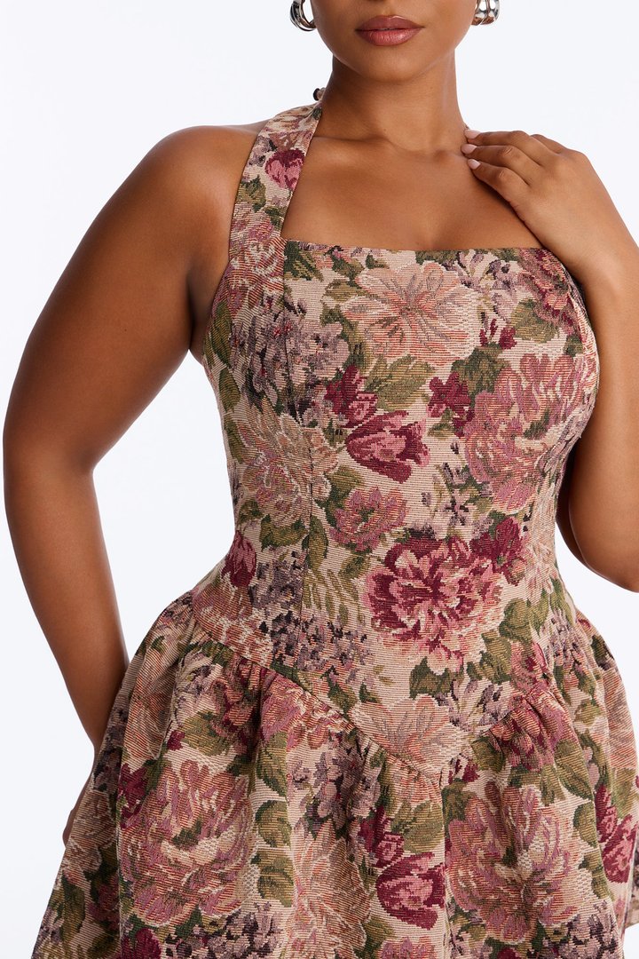Sunday's Best Halter Jacquard Mini Dress - Burgundy/combo