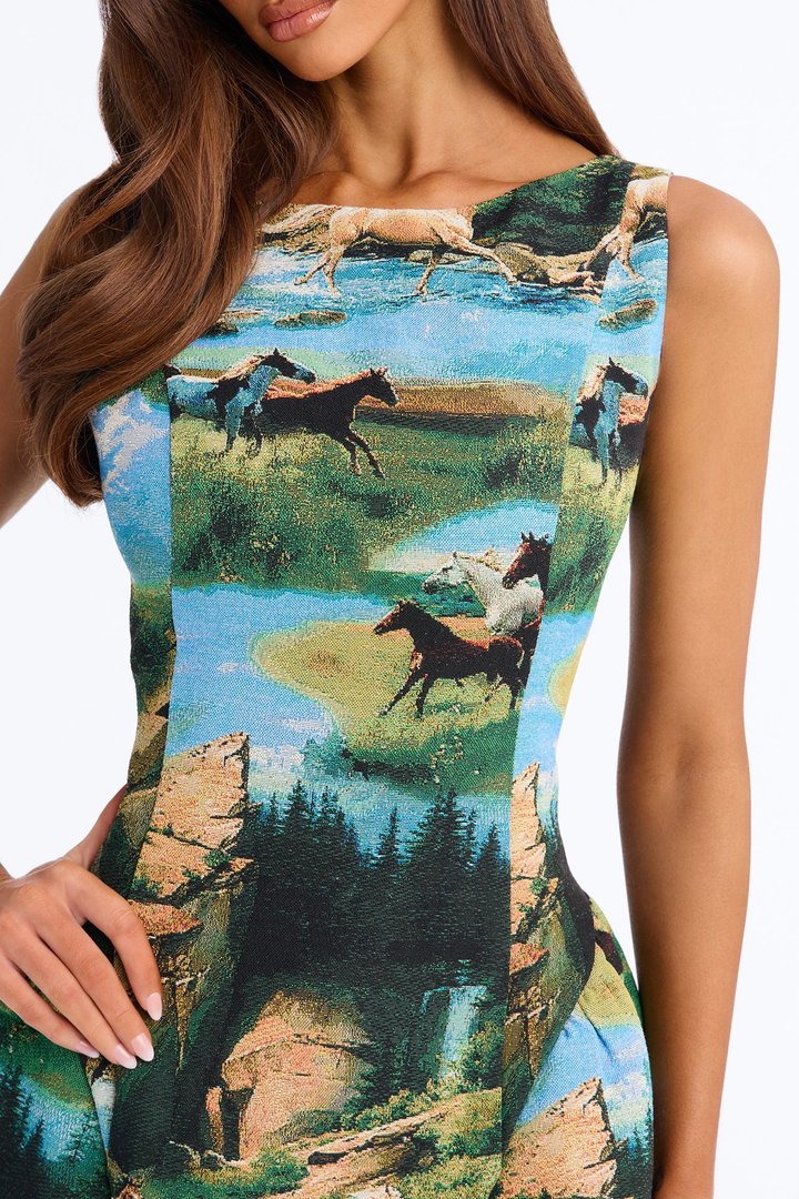 Brittany Horse Jacquard Mini Dress - Green/combo
