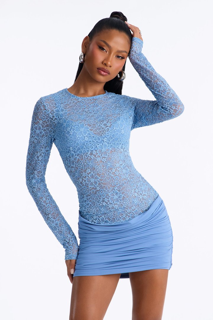 Annie Long Sleeve Lace Mini Dress - Dusty Blue