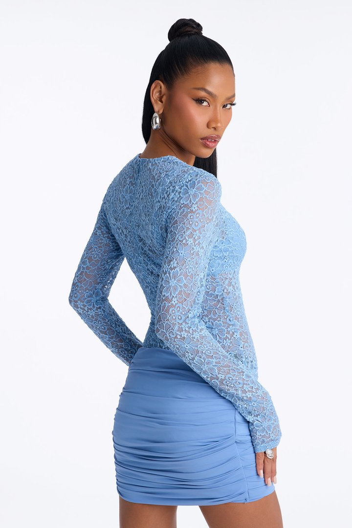 Annie Long Sleeve Lace Mini Dress - Dusty Blue