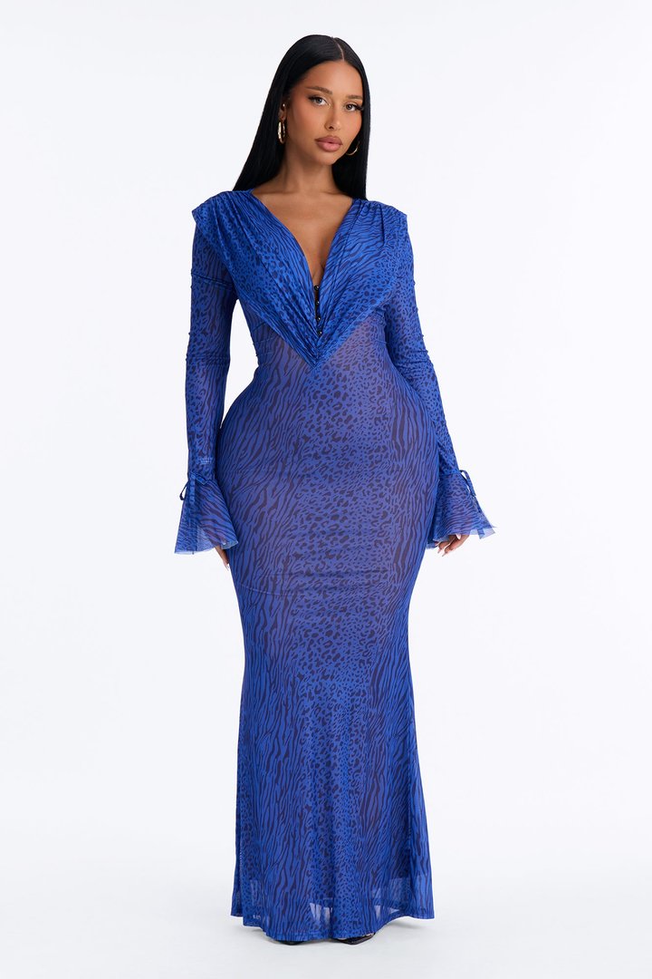 Giselle Long Sleeve Mesh Maxi Dress - Blue/combo