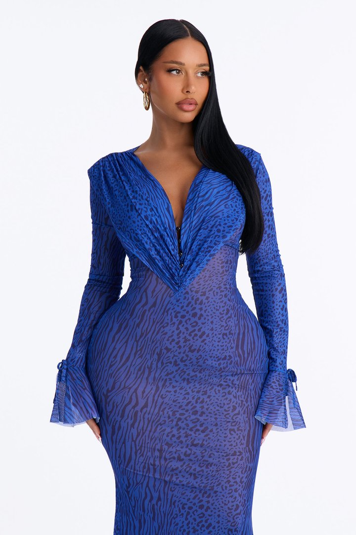 Giselle Long Sleeve Mesh Maxi Dress - Blue/combo