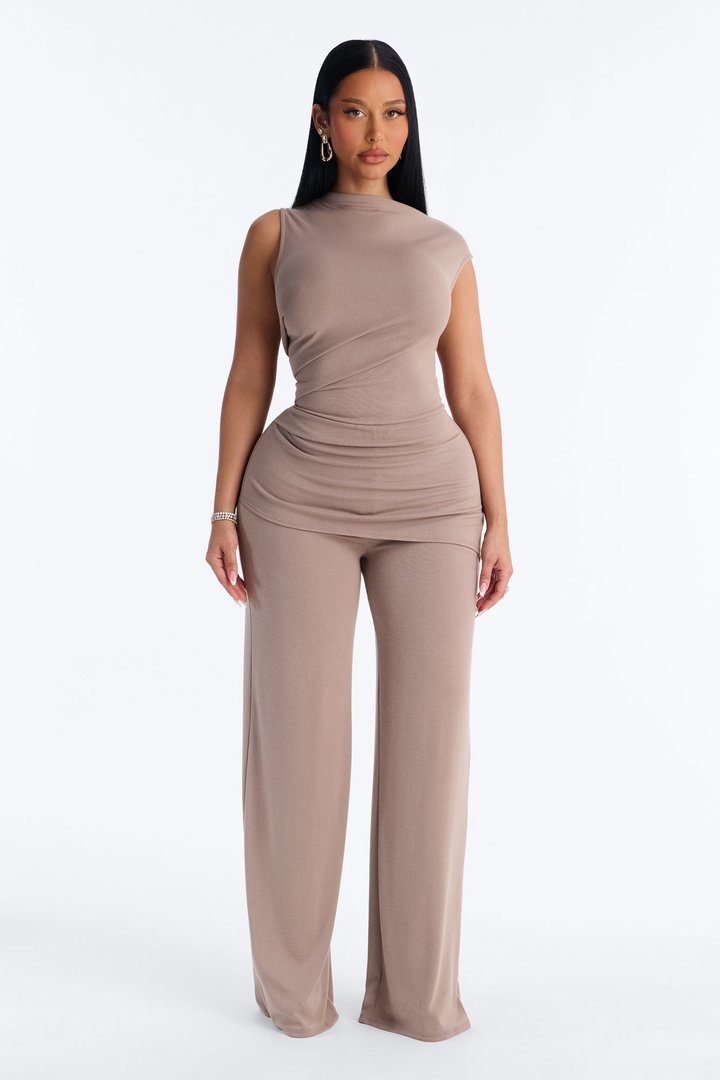 Shirleen Asymmetrical Draped Wide Leg Jumpsuit - Taupe
