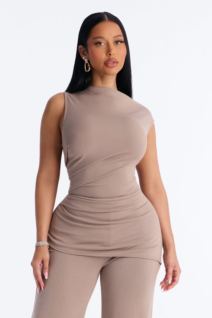 Shirleen Asymmetrical Draped Wide Leg Jumpsuit - Taupe