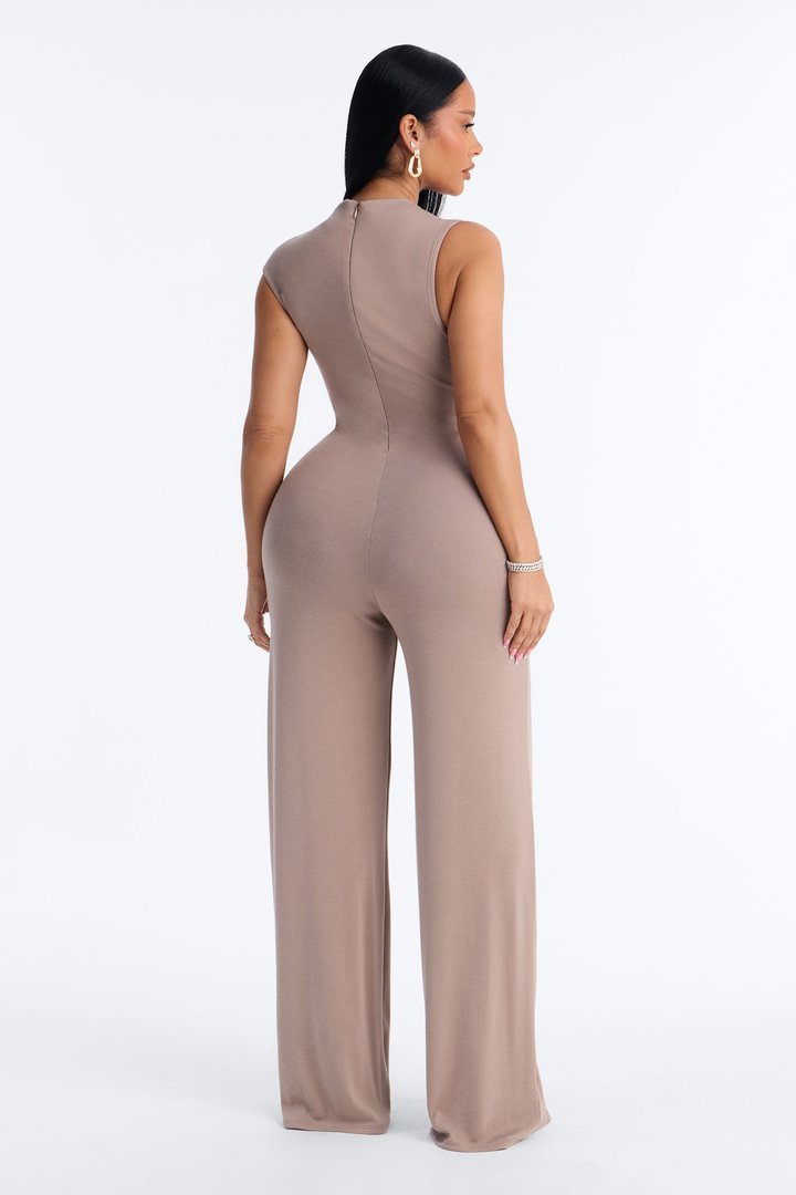 Shirleen Asymmetrical Draped Wide Leg Jumpsuit - Taupe