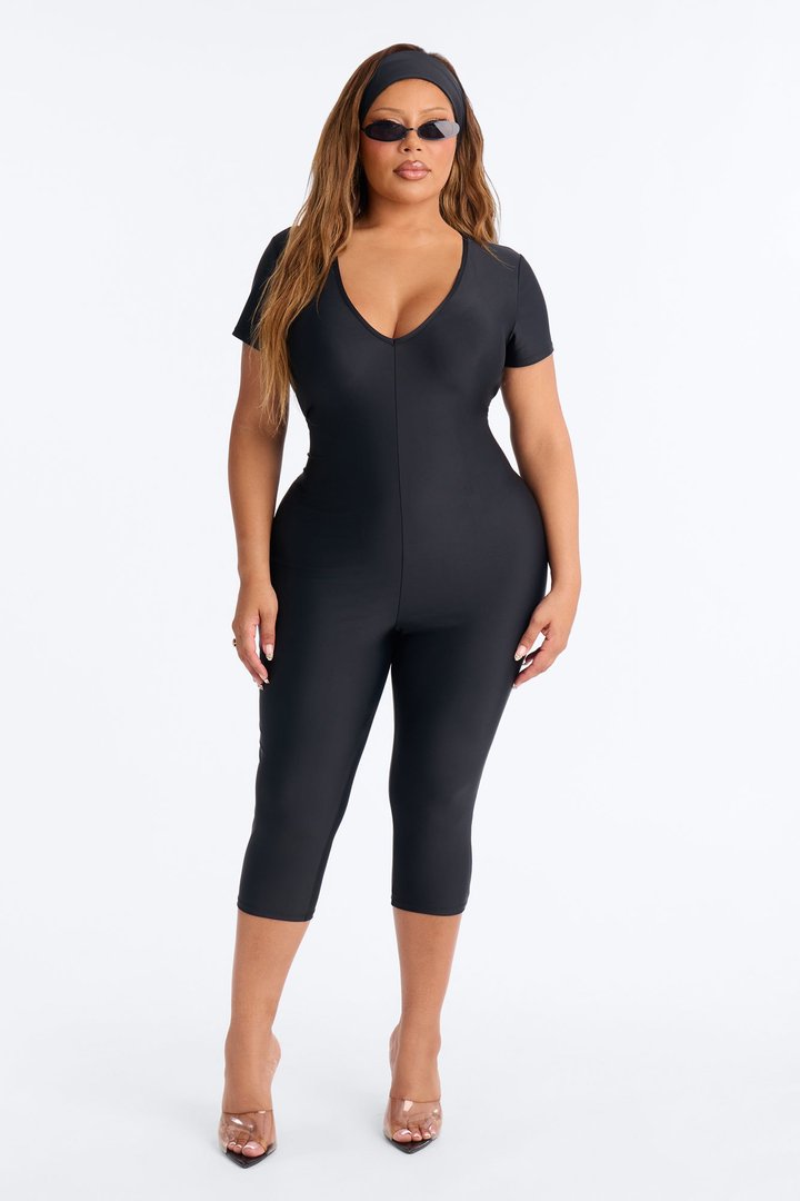 Mia Plunge Neck 2 piece Capri Jumpsuit - Black