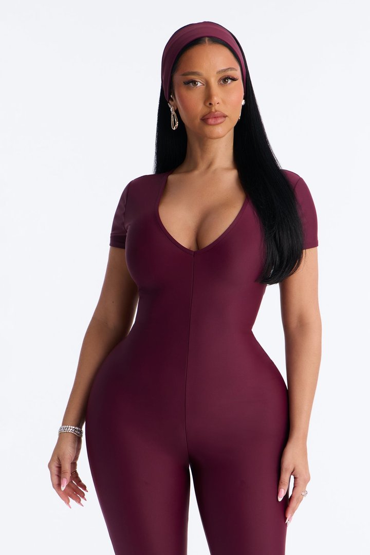 Mia Plunge Neck 2 piece Capri Jumpsuit - Burgundy