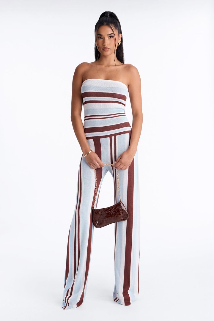 Riviera Stripe Strapless Wide Leg Jumpsuit - Blue/combo