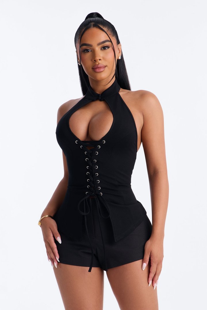 Tempt Me Lace Up Mock Neck Halter Top - Black