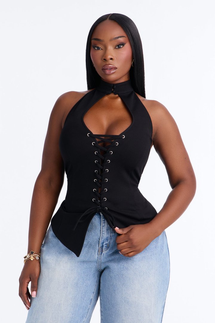 Tempt Me Lace Up Mock Neck Halter Top - Black