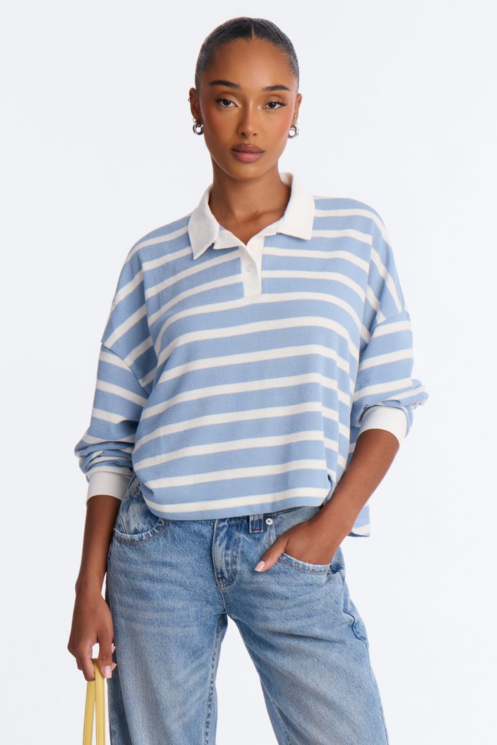 Makayla Stripe Ribbed Long Sleeve Polo - Blue/combo