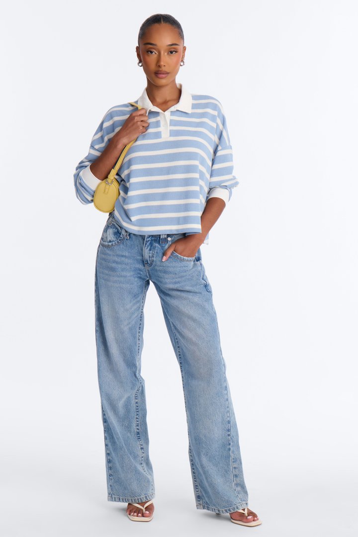 Makayla Stripe Ribbed Long Sleeve Polo - Blue/combo