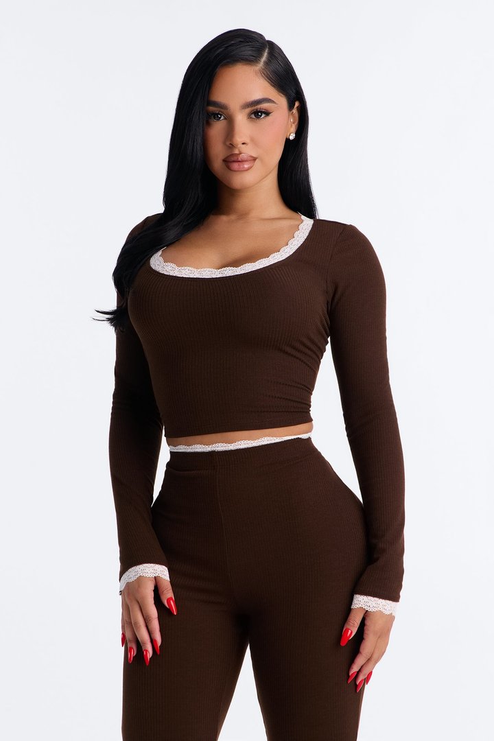 Julianna Laced Trim Ribbed Capri Set - Chocolate