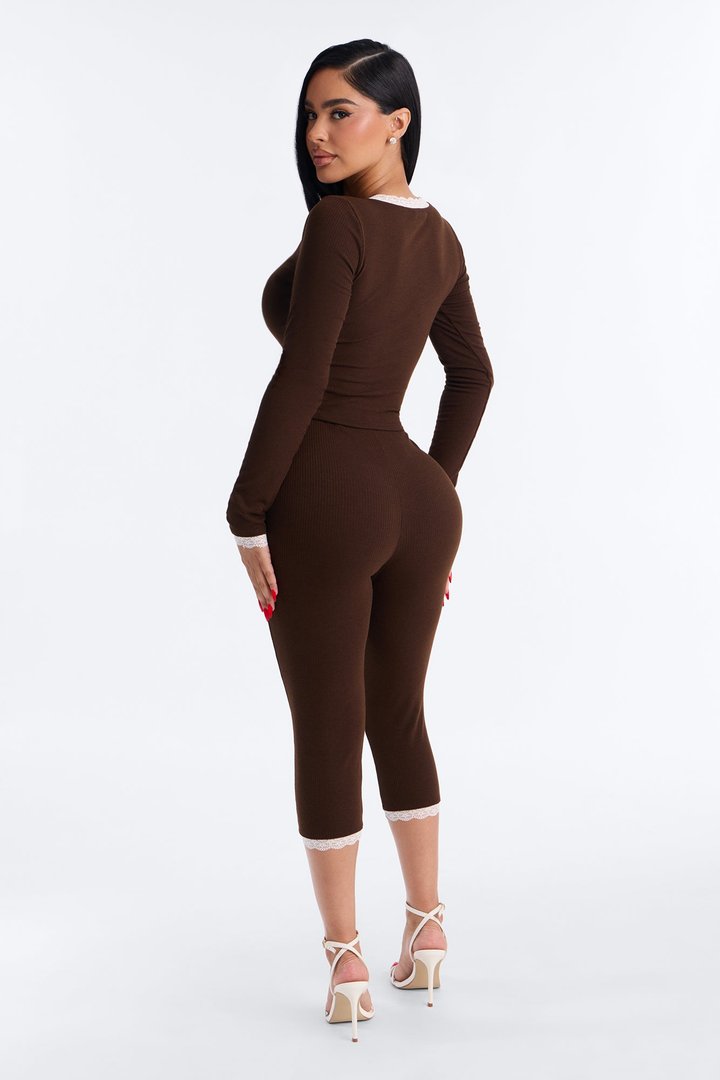 Julianna Laced Trim Ribbed Capri Set - Chocolate