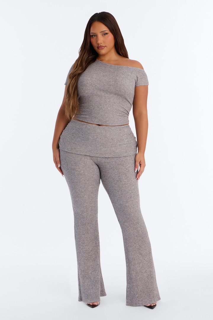 Margot Off Shoulder Ribbed Pant Set - Heather Grey