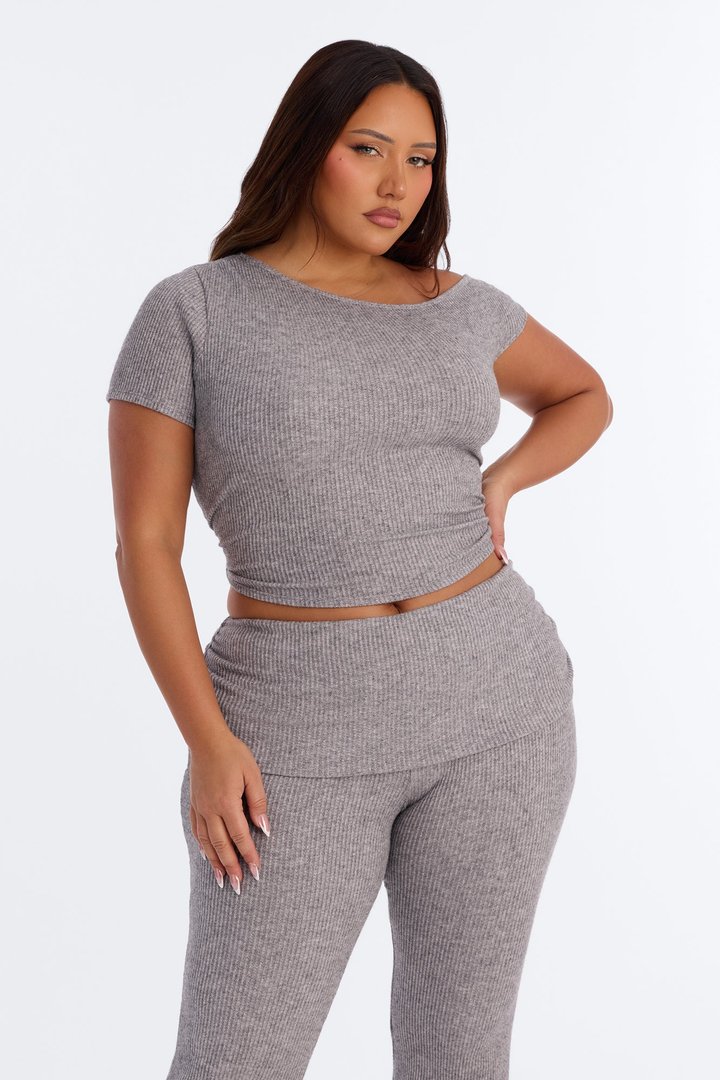 Margot Off Shoulder Ribbed Pant Set - Heather Grey
