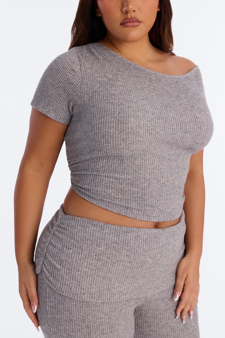 Margot Off Shoulder Ribbed Pant Set - Heather Grey