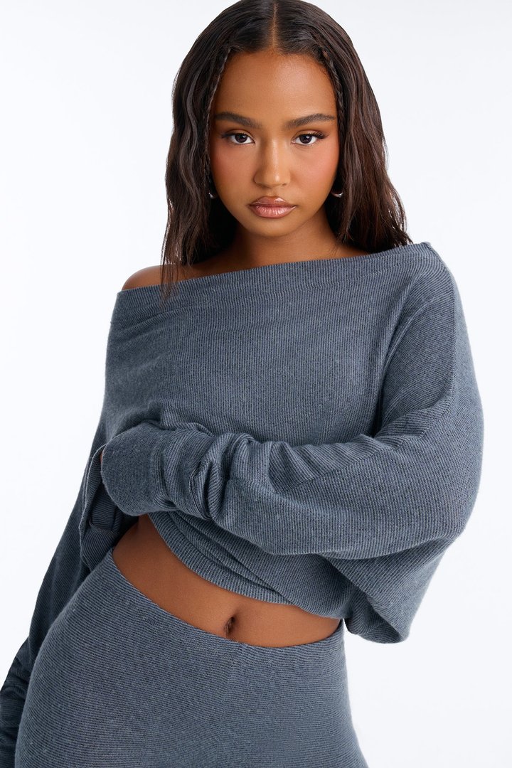 Clara Off Shoulder Hacci Capri Set - Grey