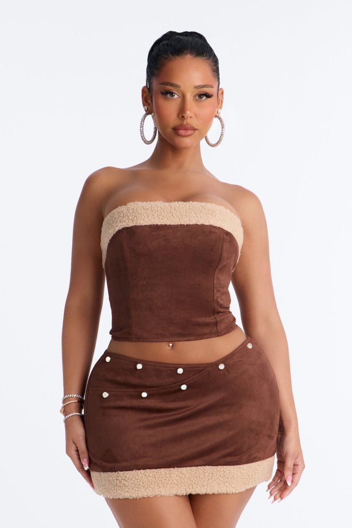 Greta Faux Suede Skirt Set - Brown