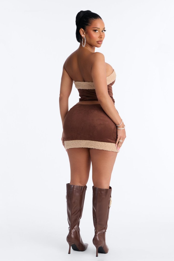 Greta Faux Suede Skirt Set - Brown