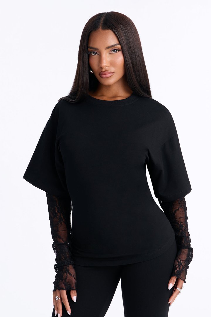 Lia Lace Sleeve Capri Set - Black
