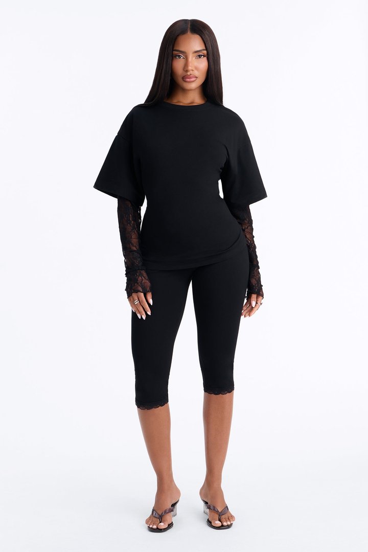 Lia Lace Sleeve Capri Set - Black