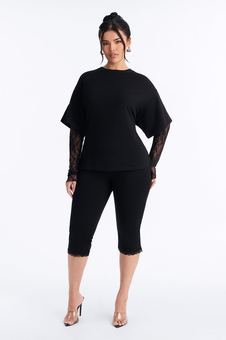 Lia Lace Sleeve Capri Set - Black