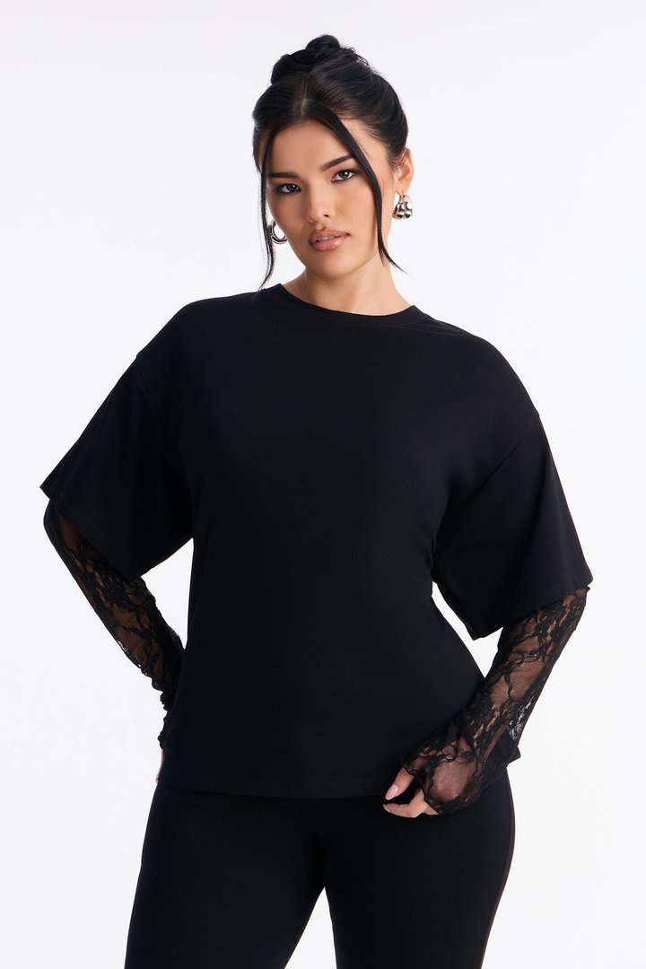 Lia Lace Sleeve Capri Set - Black
