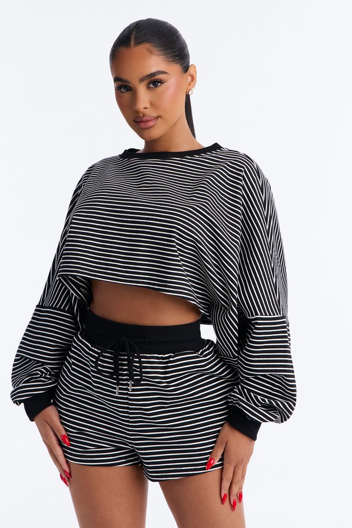 Stripes And Secrets French Terry Short Set - Black/White