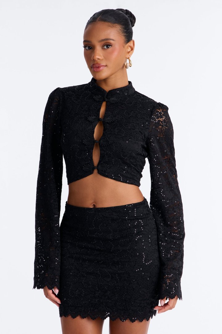Liz Lace Long Sleeve Skirt Set - Black