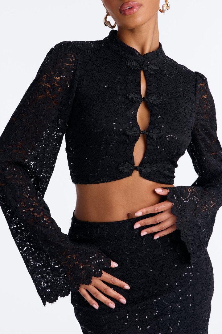 Liz Lace Long Sleeve Skirt Set - Black