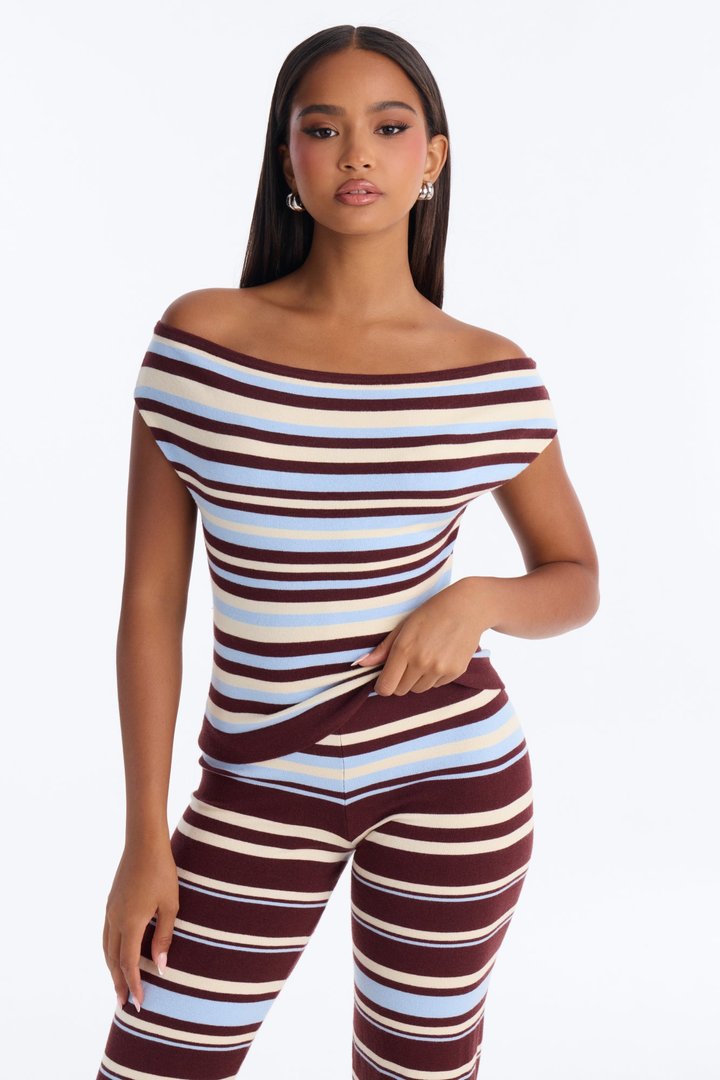 Natalie Off Shoulder Striped Sweater Pant Set - Burgundy/combo