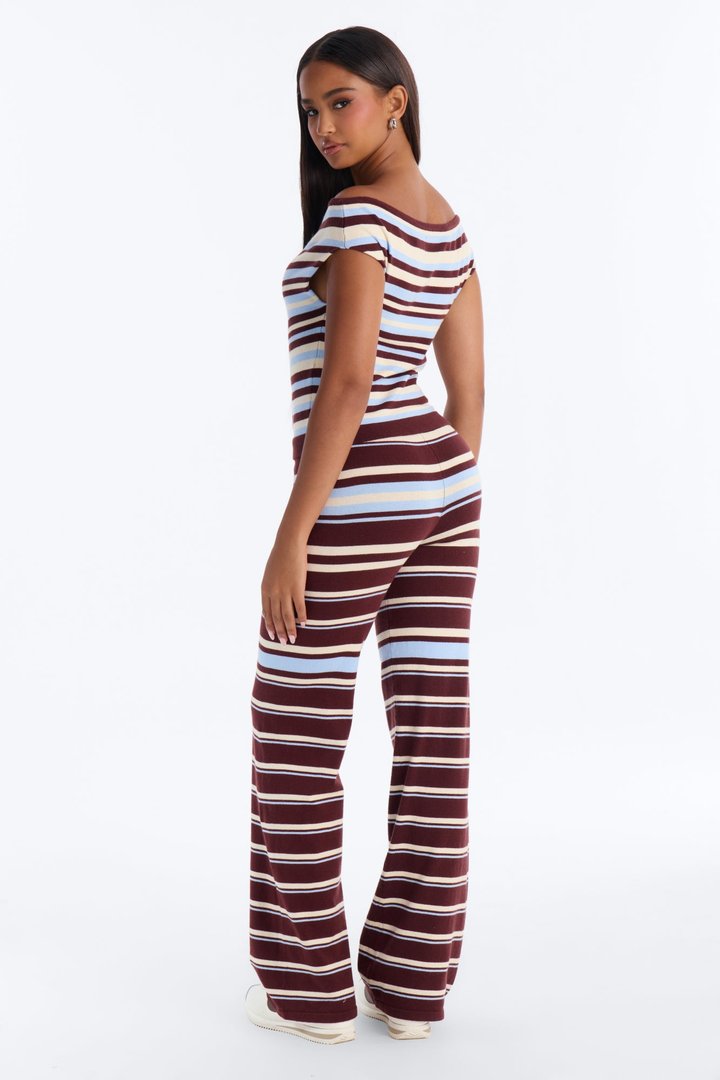 Natalie Off Shoulder Striped Sweater Pant Set - Burgundy/combo