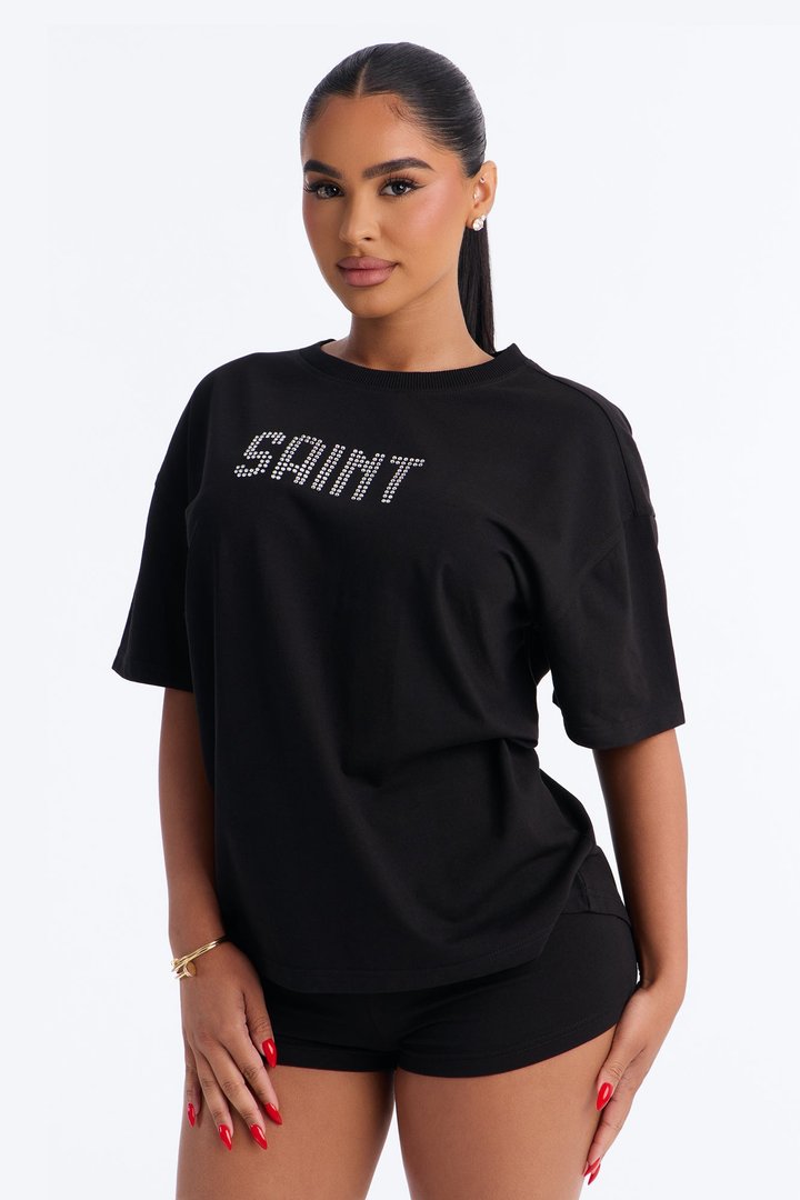Saint Girl Rhinestone Short Set - Black